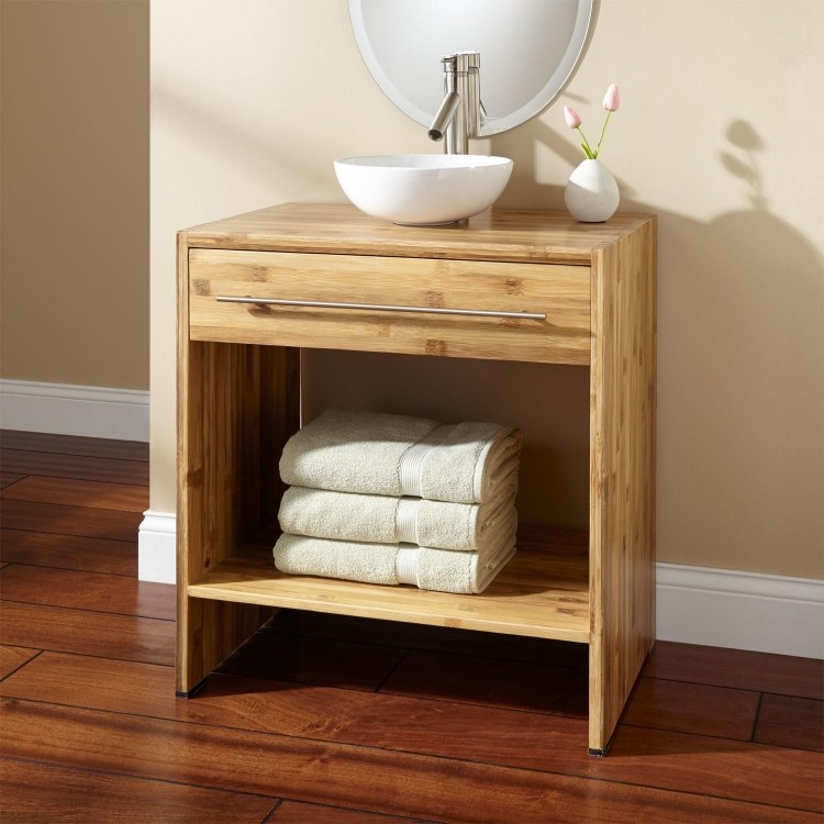 badrumsmöbler-bambu-modern-fåfänga-förvaring-hylla-bänk-tvättställ-vit kran