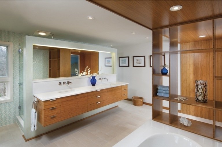 Badrumsmöbler av bambu -moderna-stora-badrum-rymliga-vita-dubbla handfat