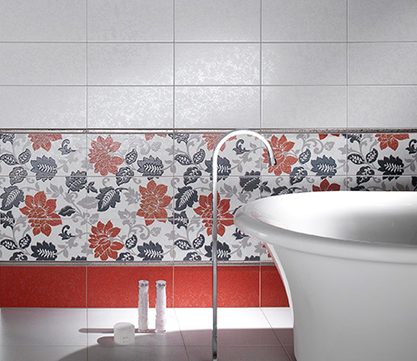 Moderna badrumsplattor blommiga dekorer vita röda svarta väggplattor