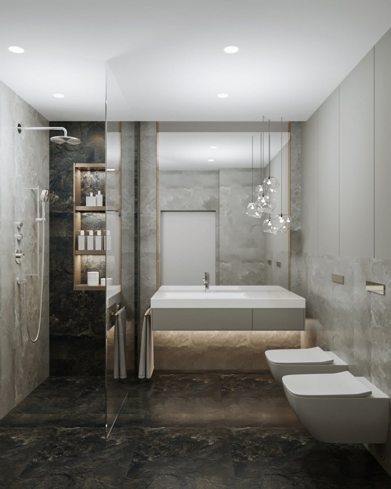 Moderna små badrum och bilder på granitgolv och marmorväggar och indirekt belysning