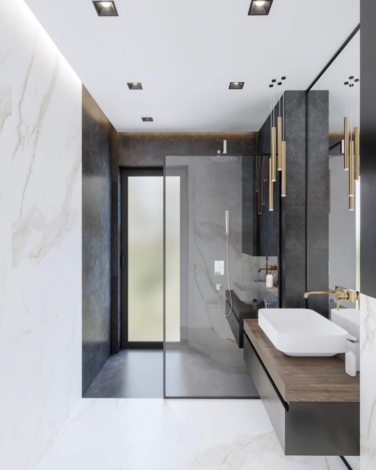 Designa moderna badrum med endast dusch Idéer i grått och vitt Design med undertak och väggar