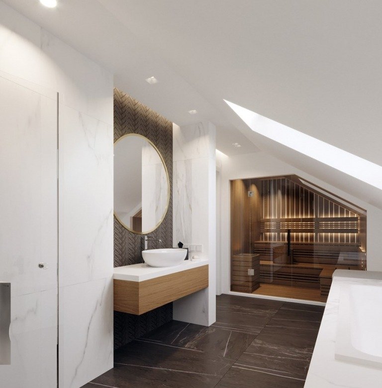 Moderna badrum med bastu under sluttande tak Idéer för design utan kakel