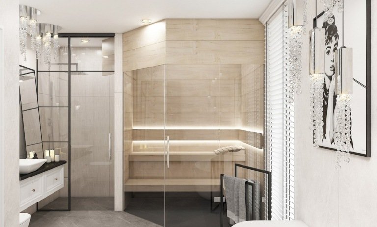 Moderna badrum med bastu och duschkabin sida vid sida. Designidéer i neutrala färger. Hängande lampor med kristaller