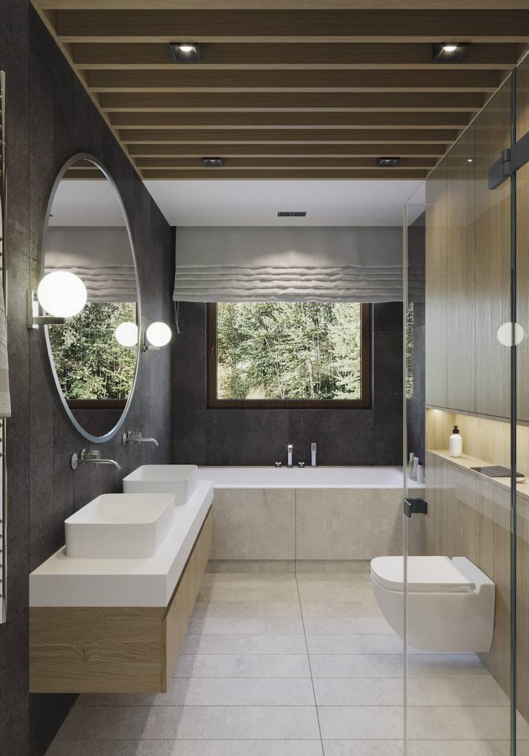 Moderna små badrum bilder trä tak duschkabin litet badkar
