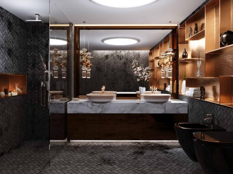 Moderna små badrum med mörka golv och duschkabiner med indirekt belysning