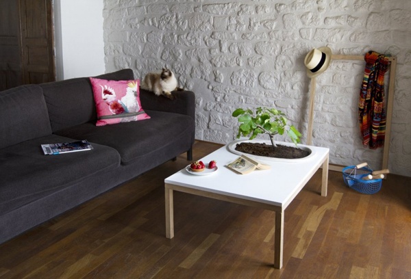 Soffbord design naturvänligt trä, vita, integrerade blomkrukor