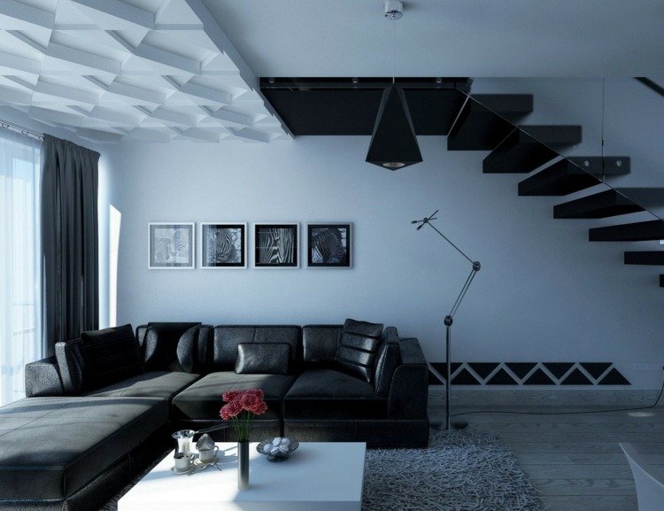 tak design modern 3d effekt vit trappa svart soffa glas räcke