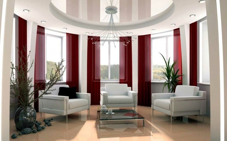 tak design moderna gardiner röda möbler vitt glas soffbord