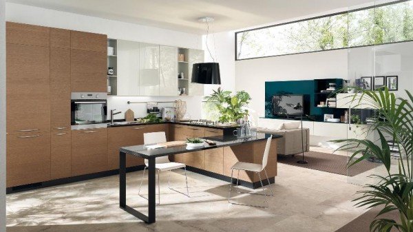 öppet kök moderna träfronter matbord integrerat vardagsrum