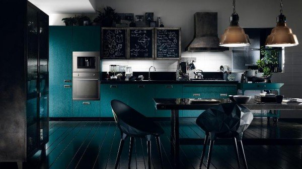 Designkök Scavolini turkosblå svarta matplatshängslampor