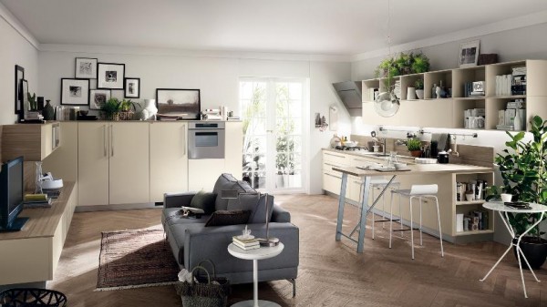 Modernt designat kök Scavolini öppet vardagsrum beige bänk