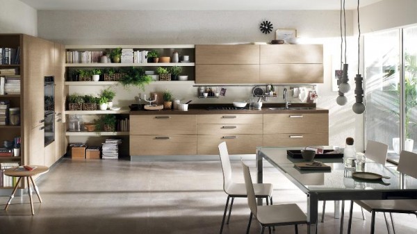 Moderna kök Scavolini träfronter lådor hyllor matplats