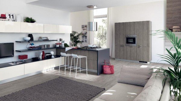 litet kök modernt scavolini öppet vardagsrum grått trä