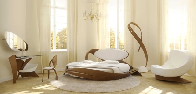 Designmöbler av träböjt sovrum säng golvlampa toalettbord