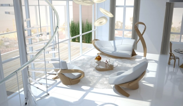 Designmöbler av vardagsrum i vitt, ljust träglas