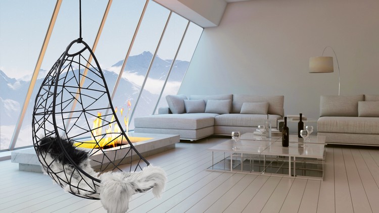 Moderna designmöbler hängande stol-fårskinn-vardagsrum-utsikt-berg-snö