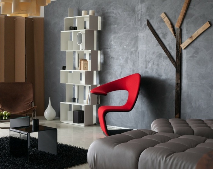 Hyllsystem grå väggklädda möbler