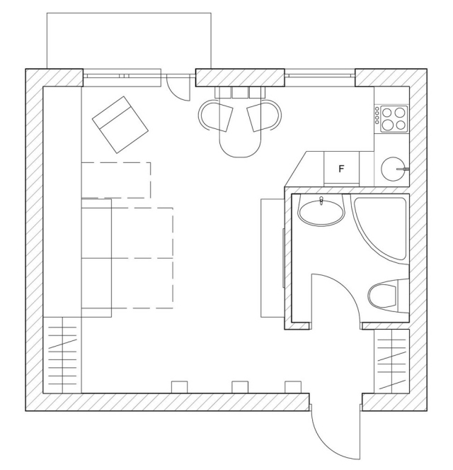 ett-rums lägenhet planlösning mini-kök