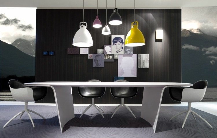 inredning modern matsal minimalistisk vit matbord stolar svart läder