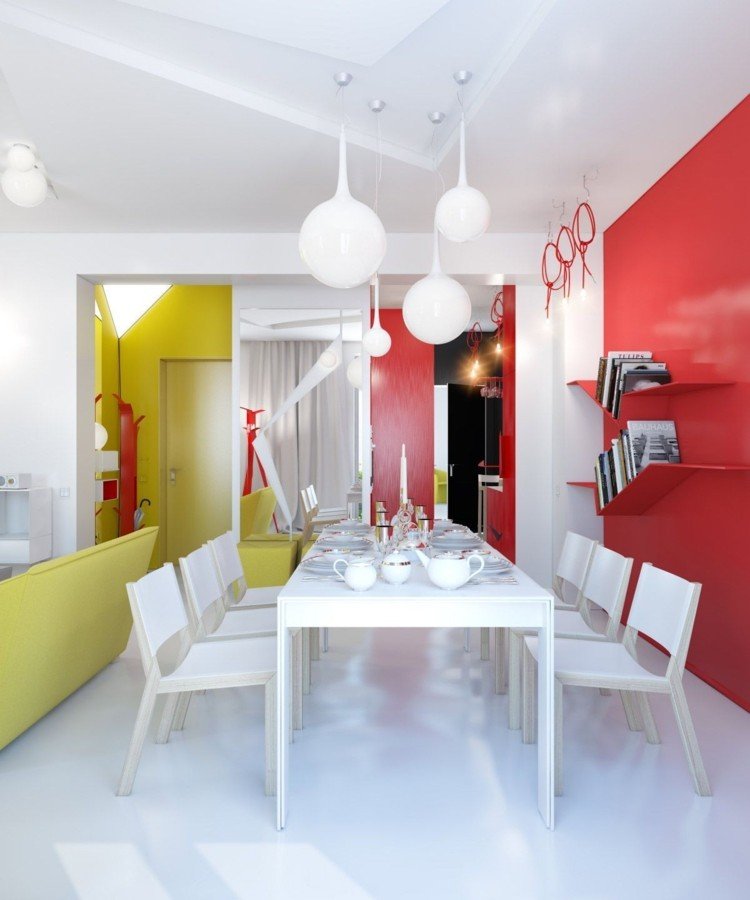 modern matsal inredning vita möbler röd gul accent vägg