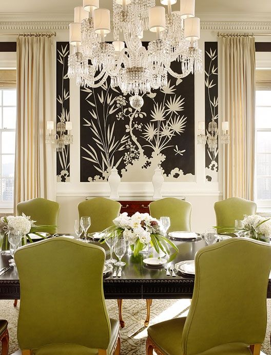 Moderna-matsal-idéer-gröna-läder-stolar-vacker-vägg-dekoration