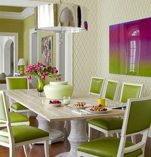 Moderna-matsal-idéer-grönt-färgschema-grönt-läder-stolar