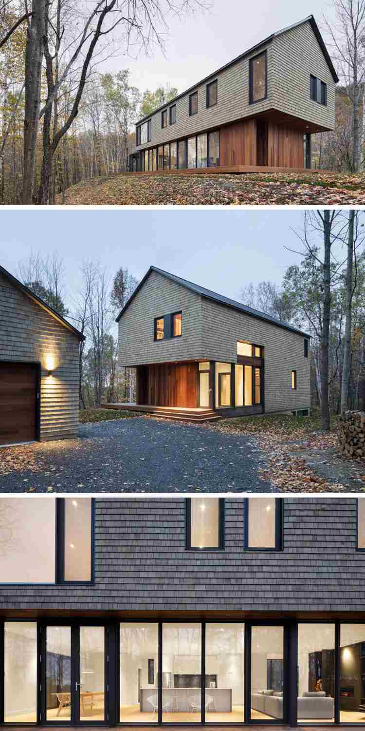 Moderna fasader-trä bältros-arkitektens hus-grå-villatak