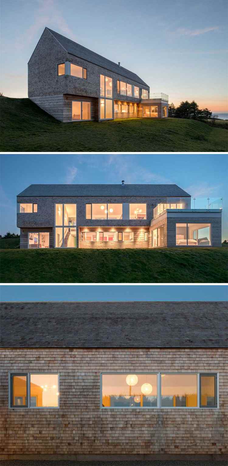 modernt fasad-trä bältros-arkitekt-hus-två våningar-sluttning-sadeltak