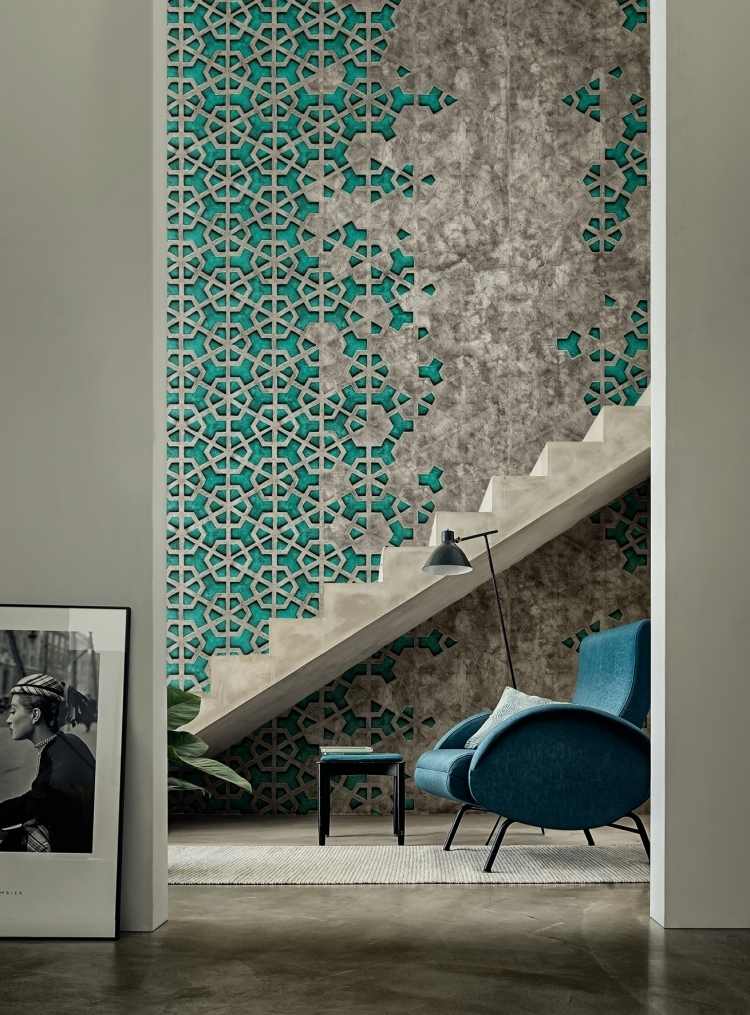 modern-vägg-design-dekoration-tapeter-trappor-grov-mosaik-kakel-imitation