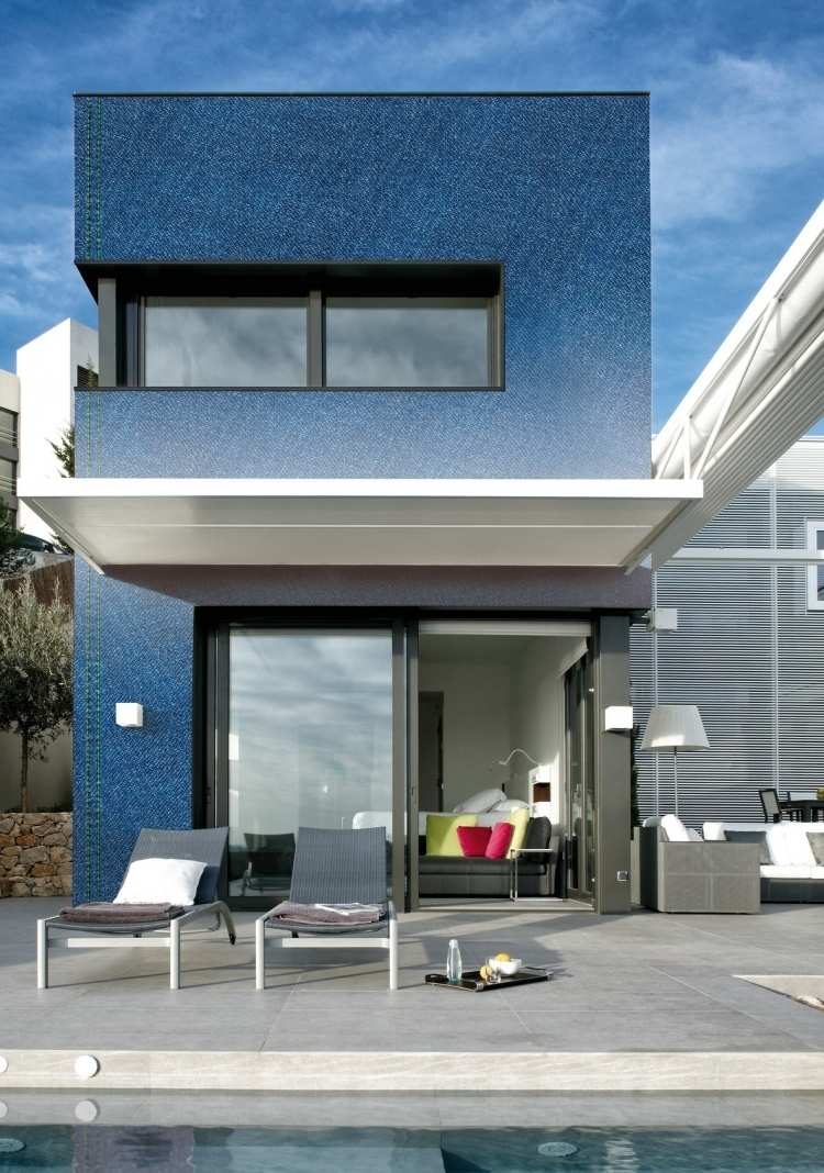 modern-fasad-design-utomhus-dekoration-blå-sky-hus-arkitektur-pool
