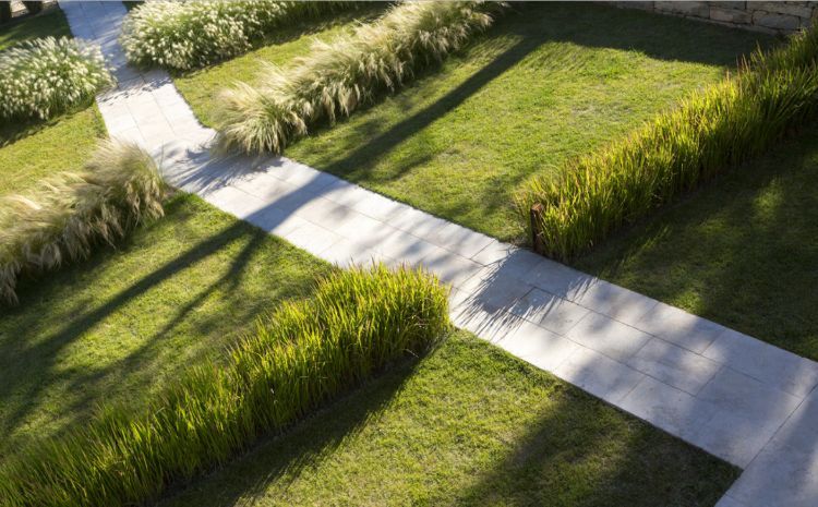modern trädgård arkitektur trädgård design geometriska former plantering ränder gräsmatta