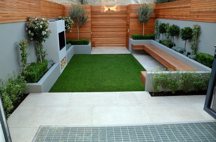 modern-trädgård-design-2015-trender-trädgård-gräsmatta-bänk-träpaneler-integritetsskydd