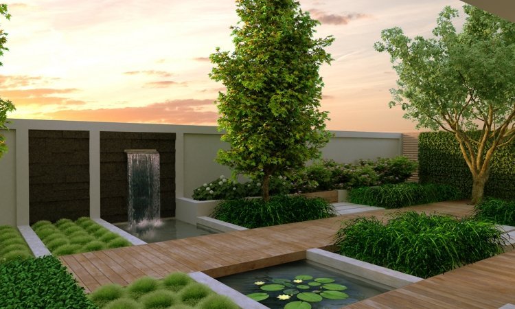 modern-trädgård-design-vattenfall-system-näckrosor