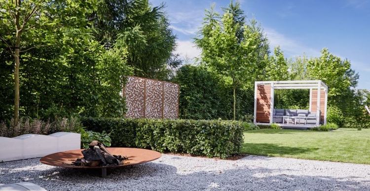 modern-trädgård-design-deco-öppen spis-corten stål-lounge-häck