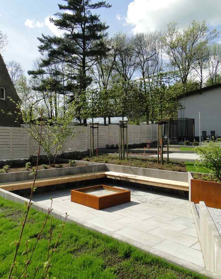 modern-trädgård-design-deco-öppen spis-corten-stål-rektangulär sittgrupp