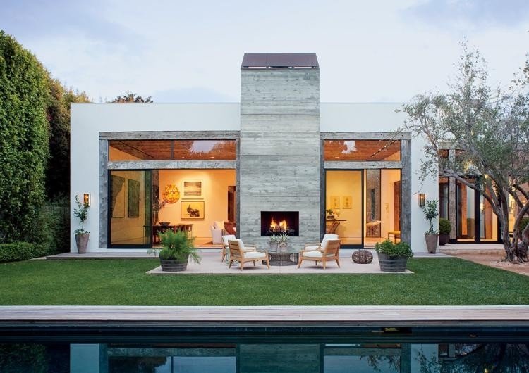 modern-trädgård-design-öppen spis-pool-hus-platt tak-fönster-vägg