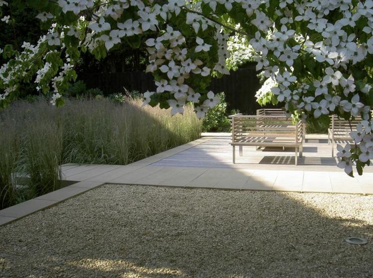 modern-trädgård-design-stenar-småsten-graeser-bänkar-vår-blomma-träd