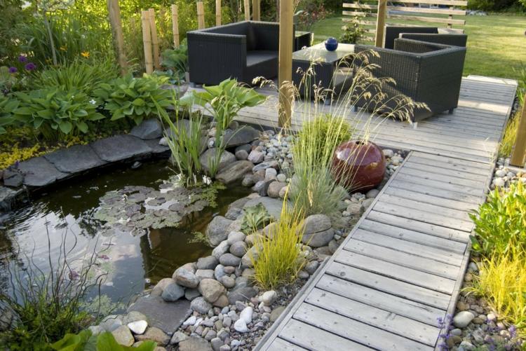 modern-trädgård-design-stenar-damm-skapa-graeser-tallrikar-trä-trädgård-stig