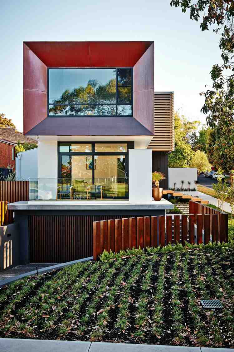 modernt hus design trädgård garage terrass fasad röd