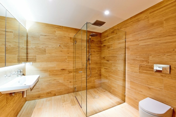 väggbeklädnad trä badrum hörn dusch modern hem design
