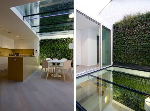 husrenovering vertikal grön vägg glasgolv kök