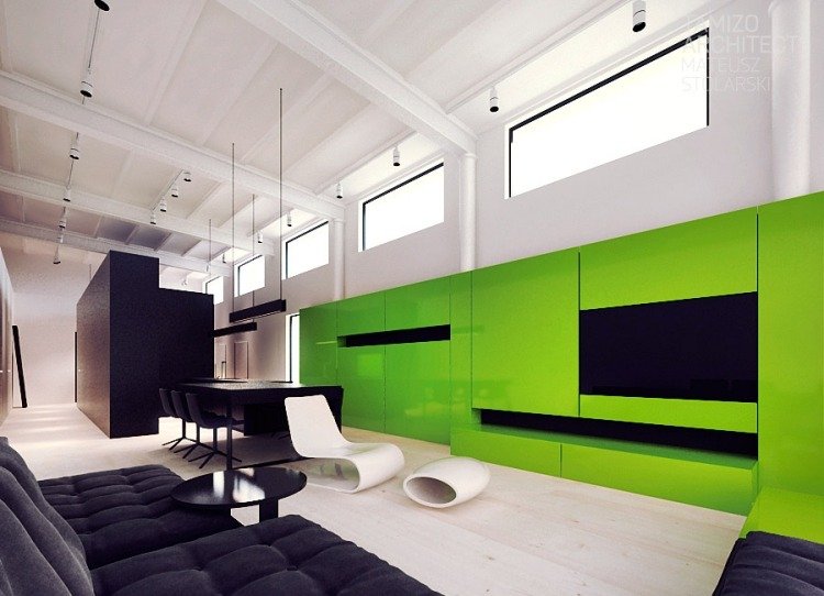 modern-interiör-design-minimalistisk-neon-grön-vägg-matbord-vägg-enhet-loft-kolo-tamizo