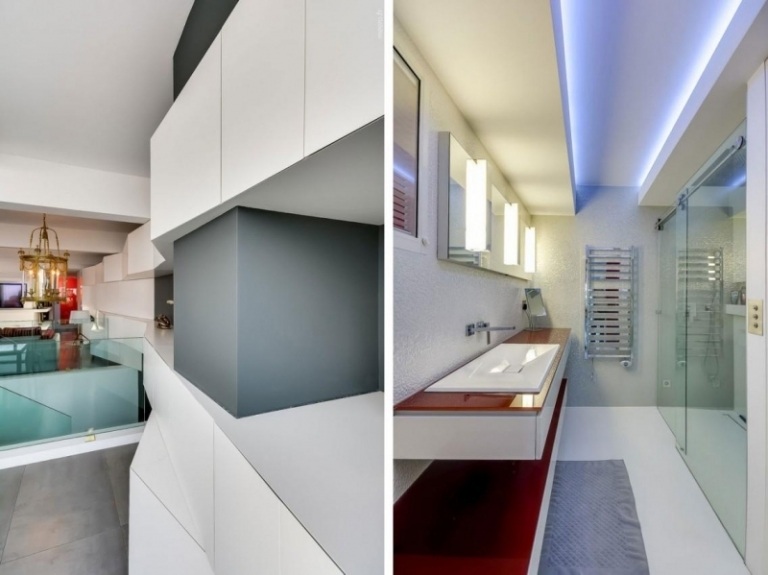 Modern inredning-korridor-badrum-röd-accenter-vit-högglans-modern-badrum