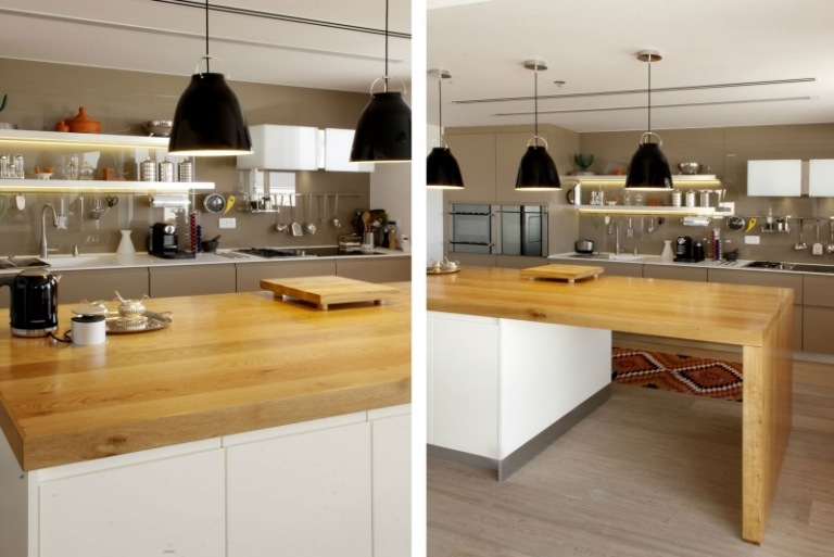 Modern inredning -vit-trä-kök-vit-brun-träpanel-pendellampor-svart-funktionellt-porslin