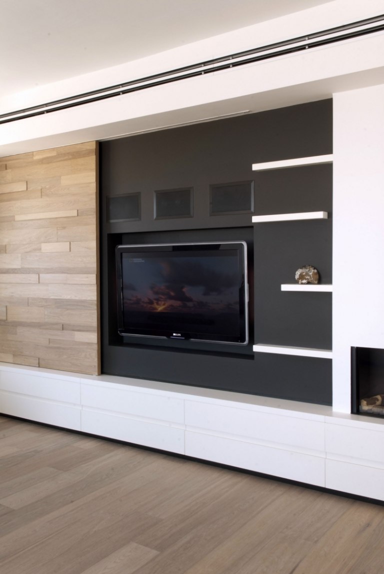 Modern inredning -vit-trä-svart-vägg-enhet-TV-hyllor-lagringsutrymme-dekoration
