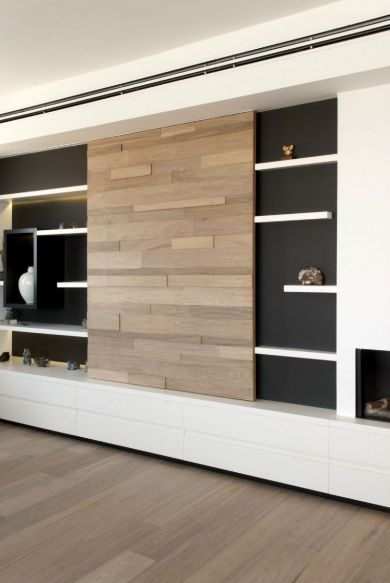 Modern inredning -vit-trä-vägg-hylla-levande vägg-hyllor-svart-lagringsutrymme-dekoration