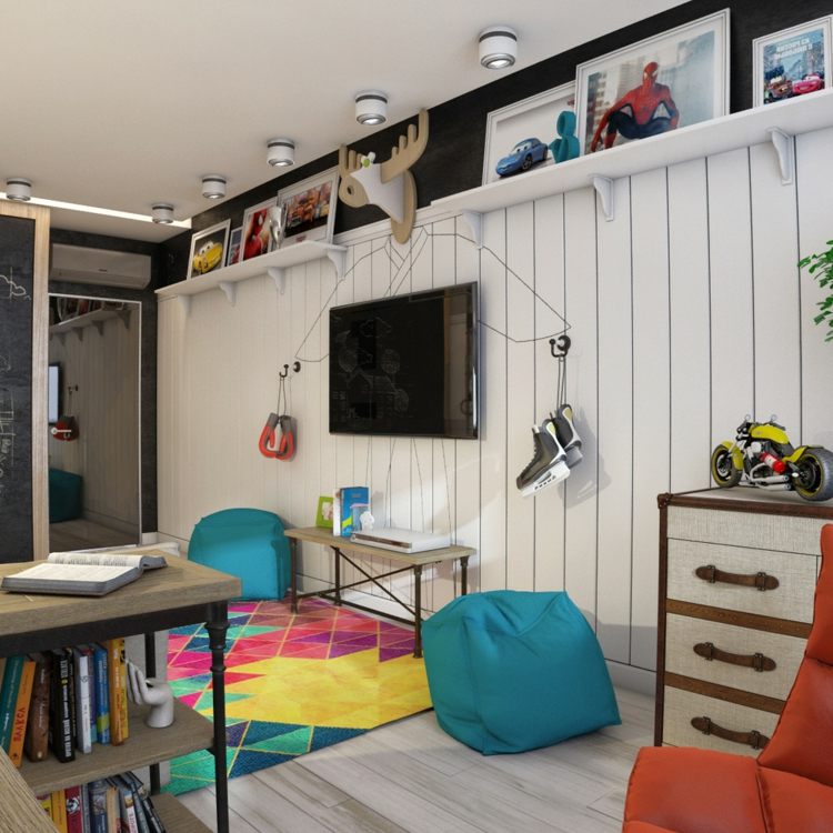 ungdomsrum moderna färger skridskor deco bilder hyllor