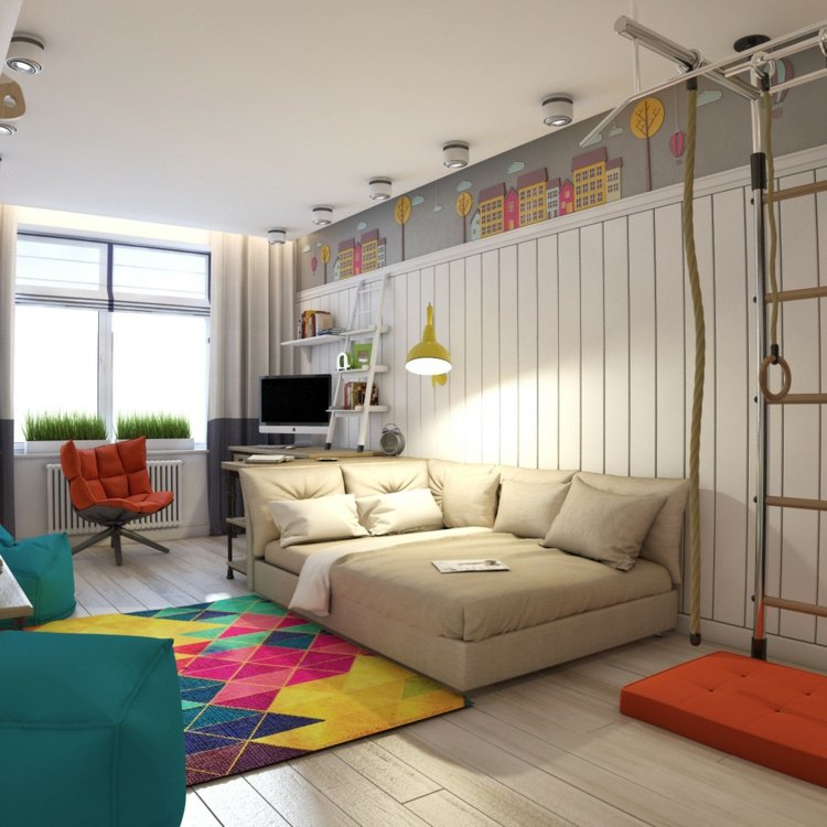 ungdomsrum modern säng beige färgglad matta stol orange
