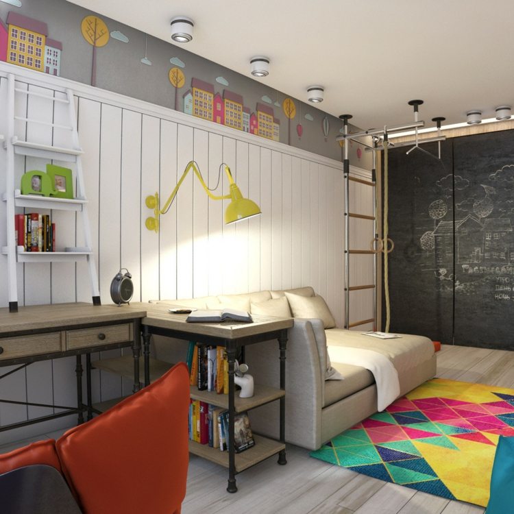ungdomsrum modern träpanel väggstege soffa