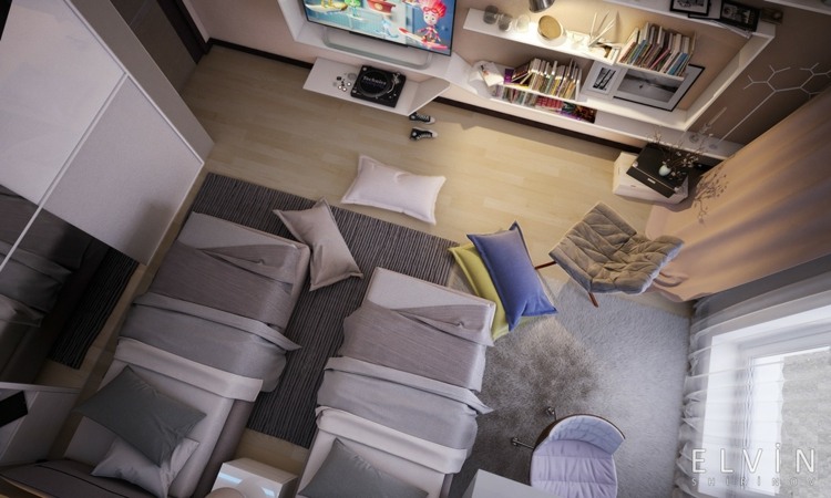 ungdomsrum modern grå kast kuddar stol lila